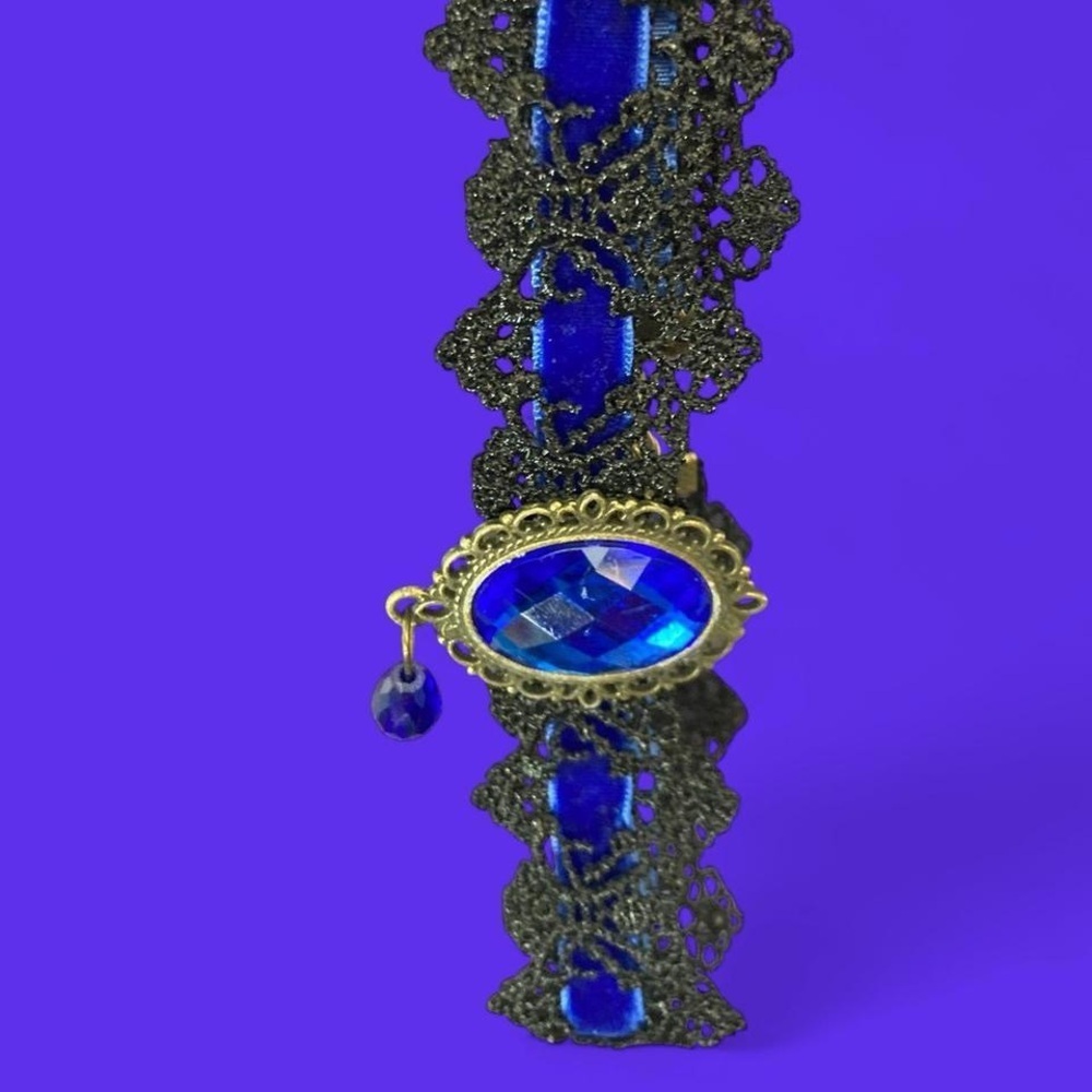 Blue and black lace choker with blue rhinestones #goth #festival